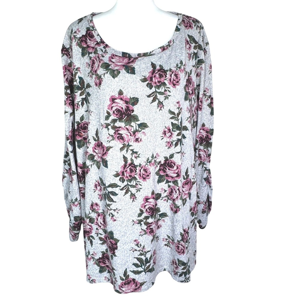 TERRA & SKY Women's 3X Pink Rose Floral Grey Tunic Top Ruffle Side Ruched Sleeve